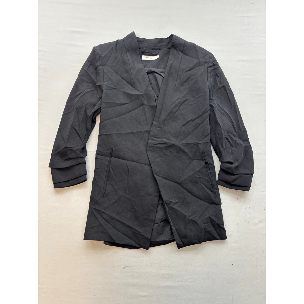 MOD REF Womens Black Open Front Blazer Ruched 3/4 Sleeve Shawl Collar Jacket S
